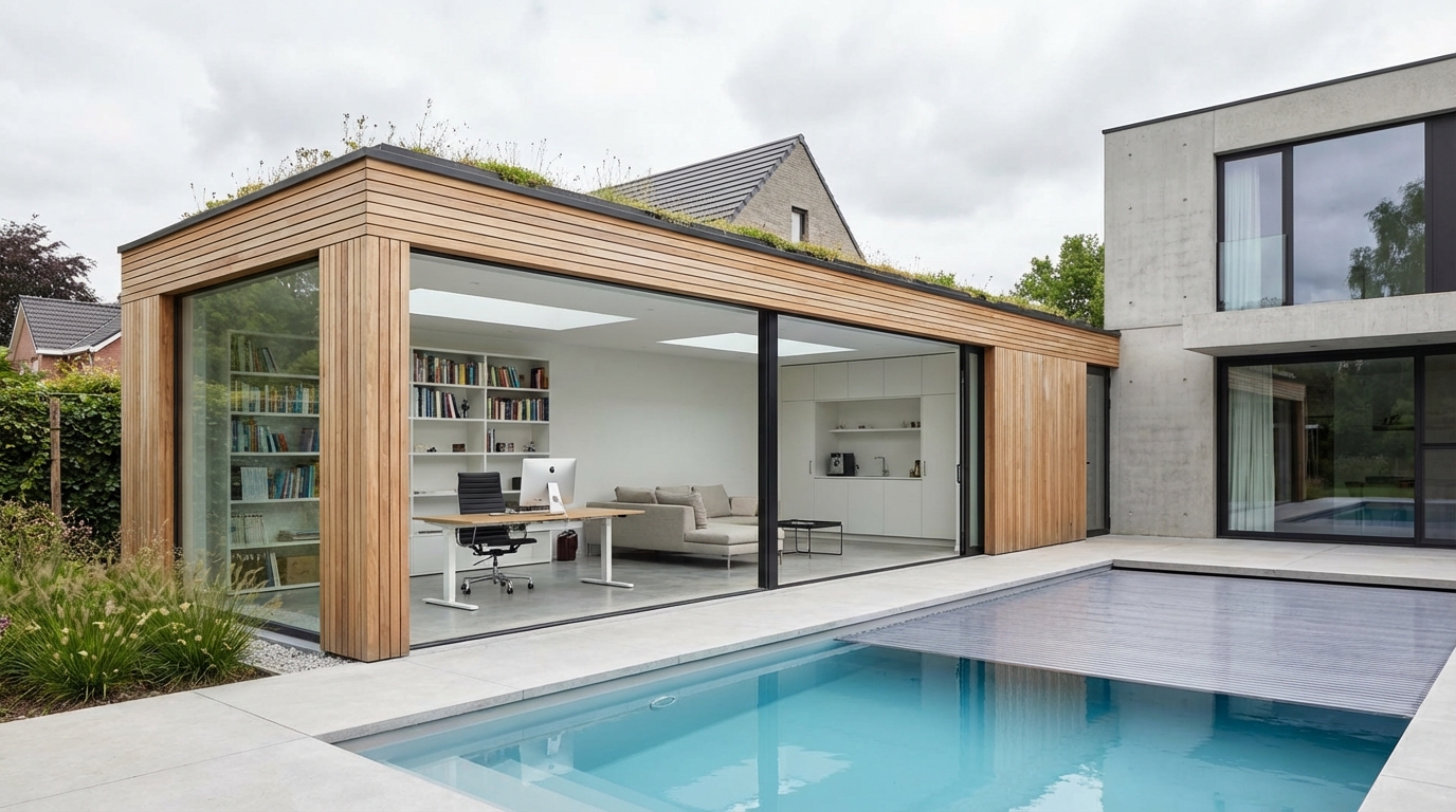 Poolhouse multifonction : une extension de maison habitable toute l’année 3 poolhouse multifonction bureau